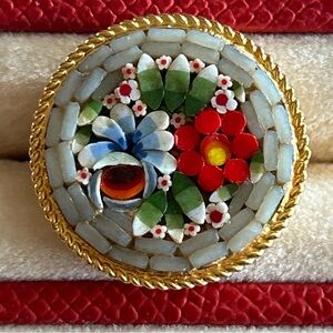 Vintage Italian Micro Mosaic Floral Brooch Gold Tone Round Pin Colorful Flower